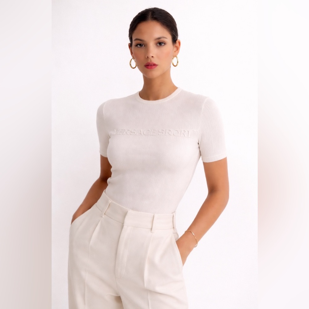 Vintage Versace Sport Ribbed Logo Top – Y2K Designer Knit – Ivory